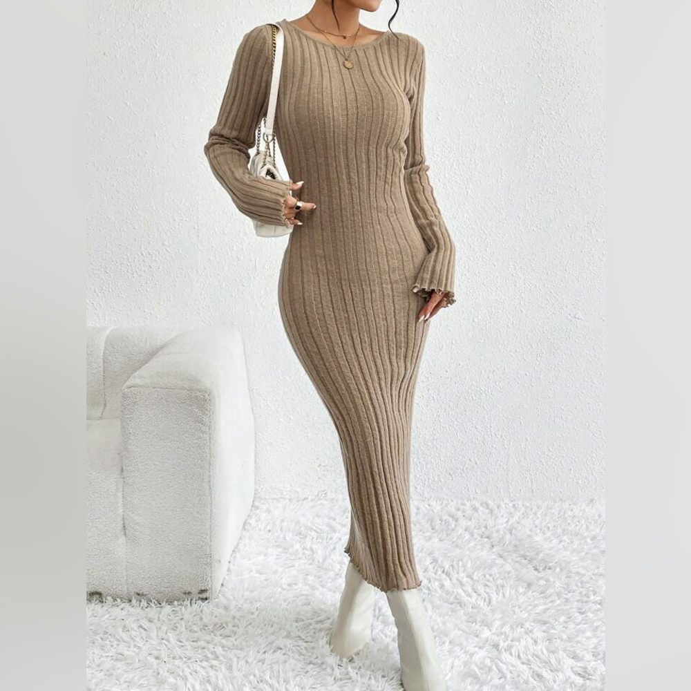 SHEIN Tan Ribbed Backless Dress